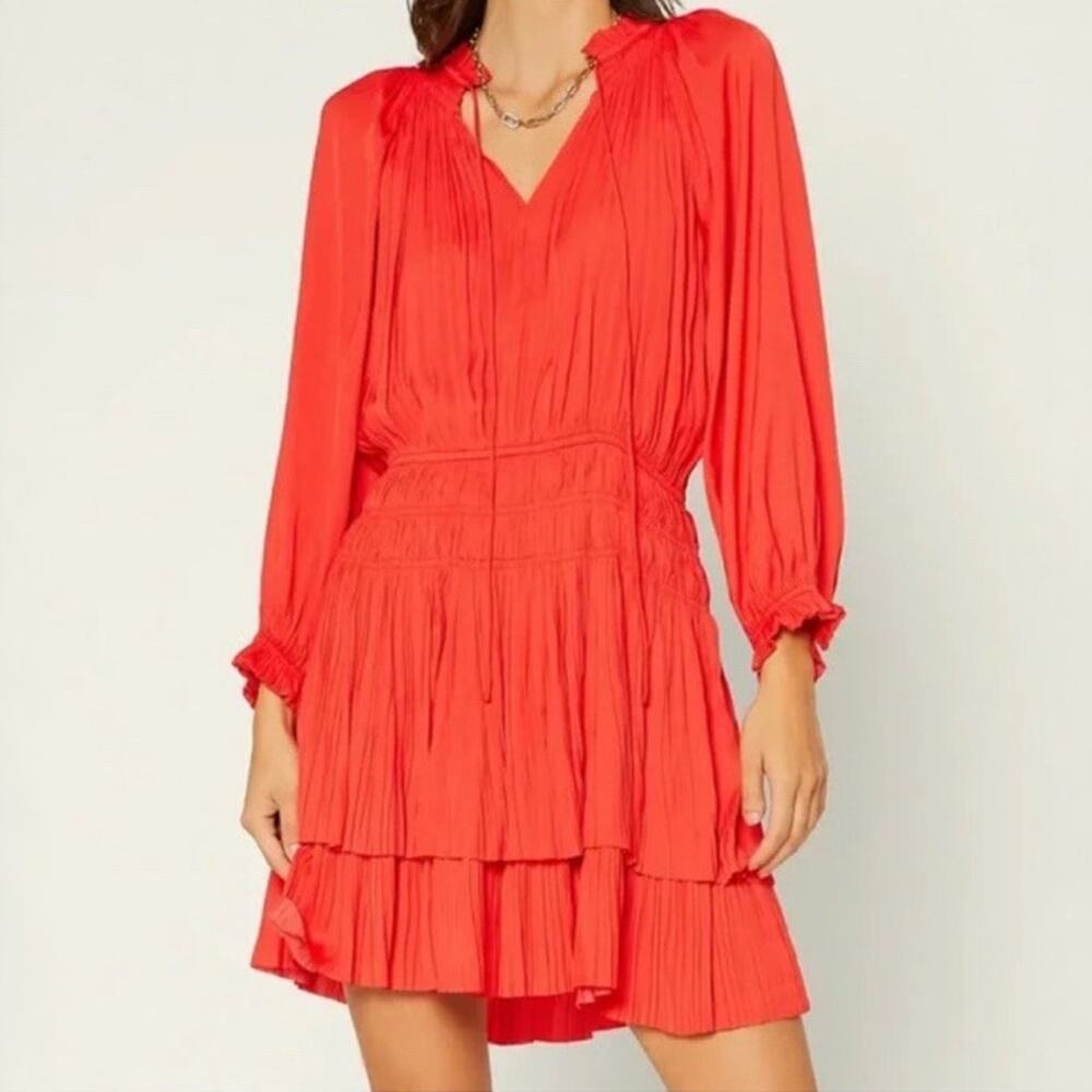 Anthropologie Current Air Red Smocked Waist Pleated Mini Dress Size L